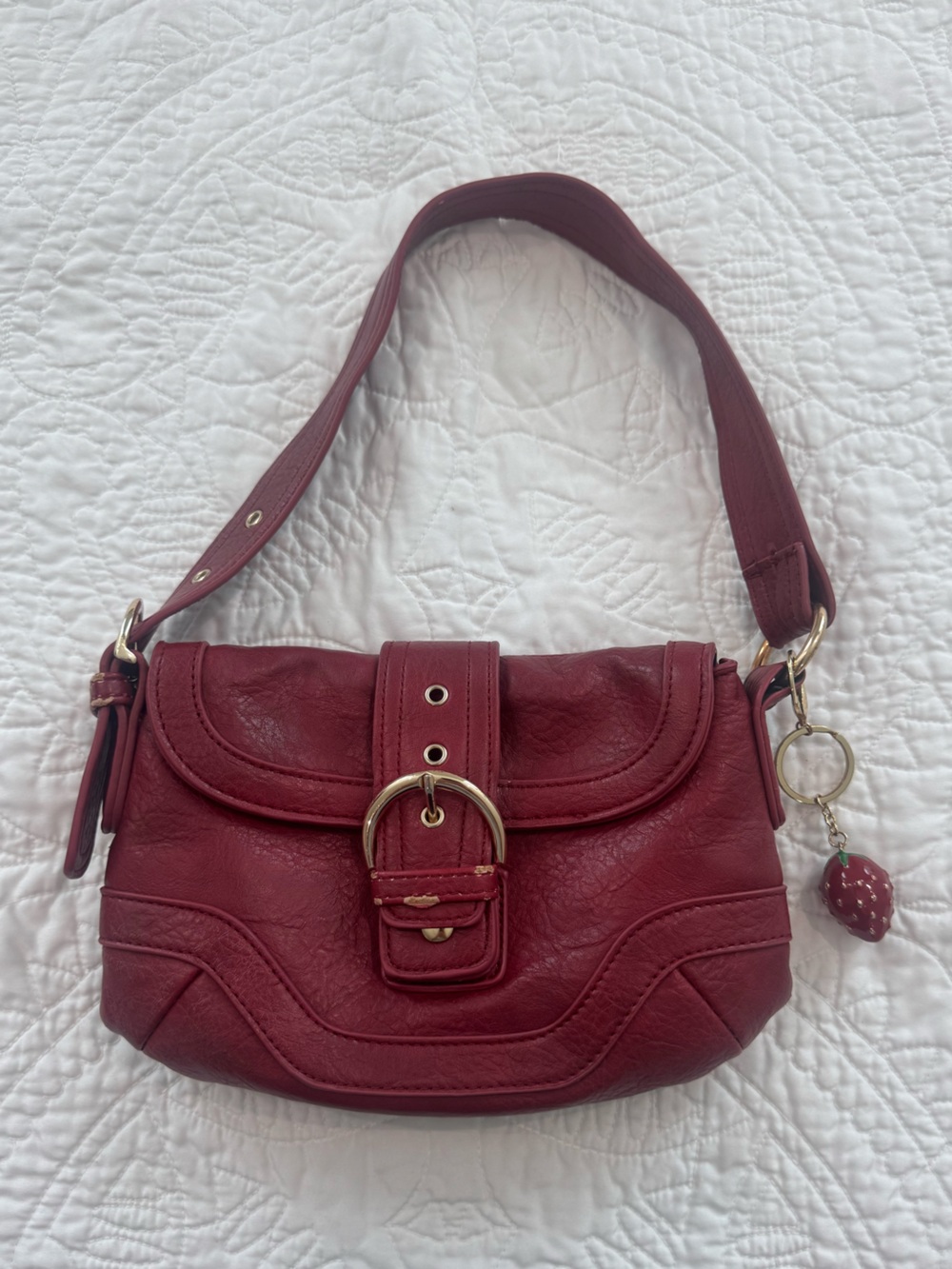 Deep Red Shoulder Bag with Gold Buckle Accent